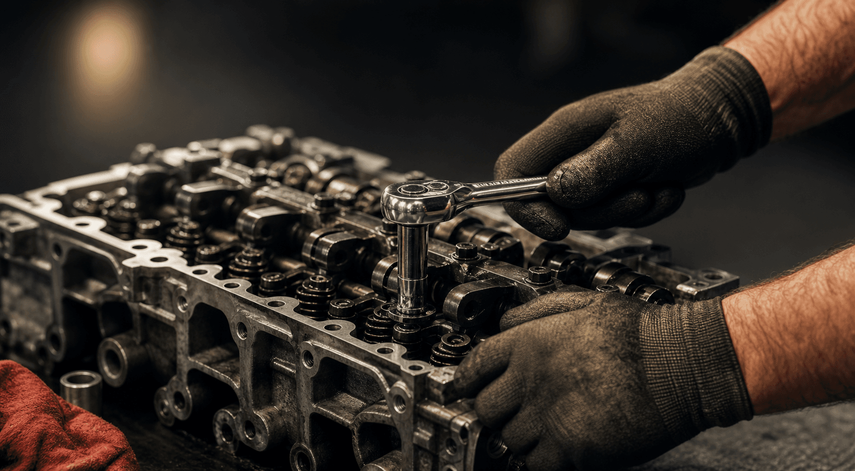 Hände arbeiten mit Werkzeug an einem Motor
