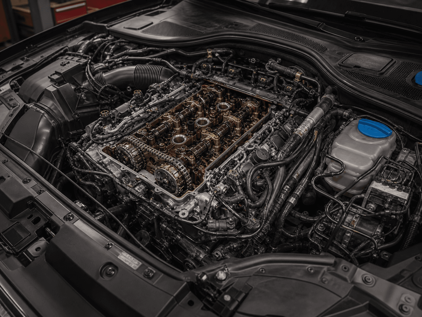 Geöffneter V6-Motor eines Audi A6 C7 mit sichtbarer Nockenwelle